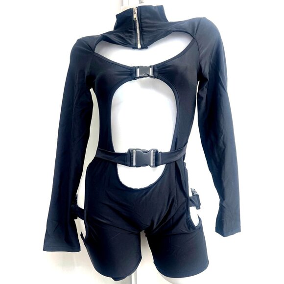 Black Cut-Out Long Sleeve Sexy Romper Cut Out Bodysuit Sexy Shorts Size Small - Picture 2 of 11